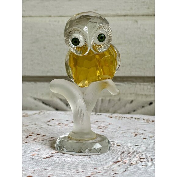 Vintage 1970s Crystal Owl Figurine On a Branch Retro Hippy Decor - Picture 10 of 14